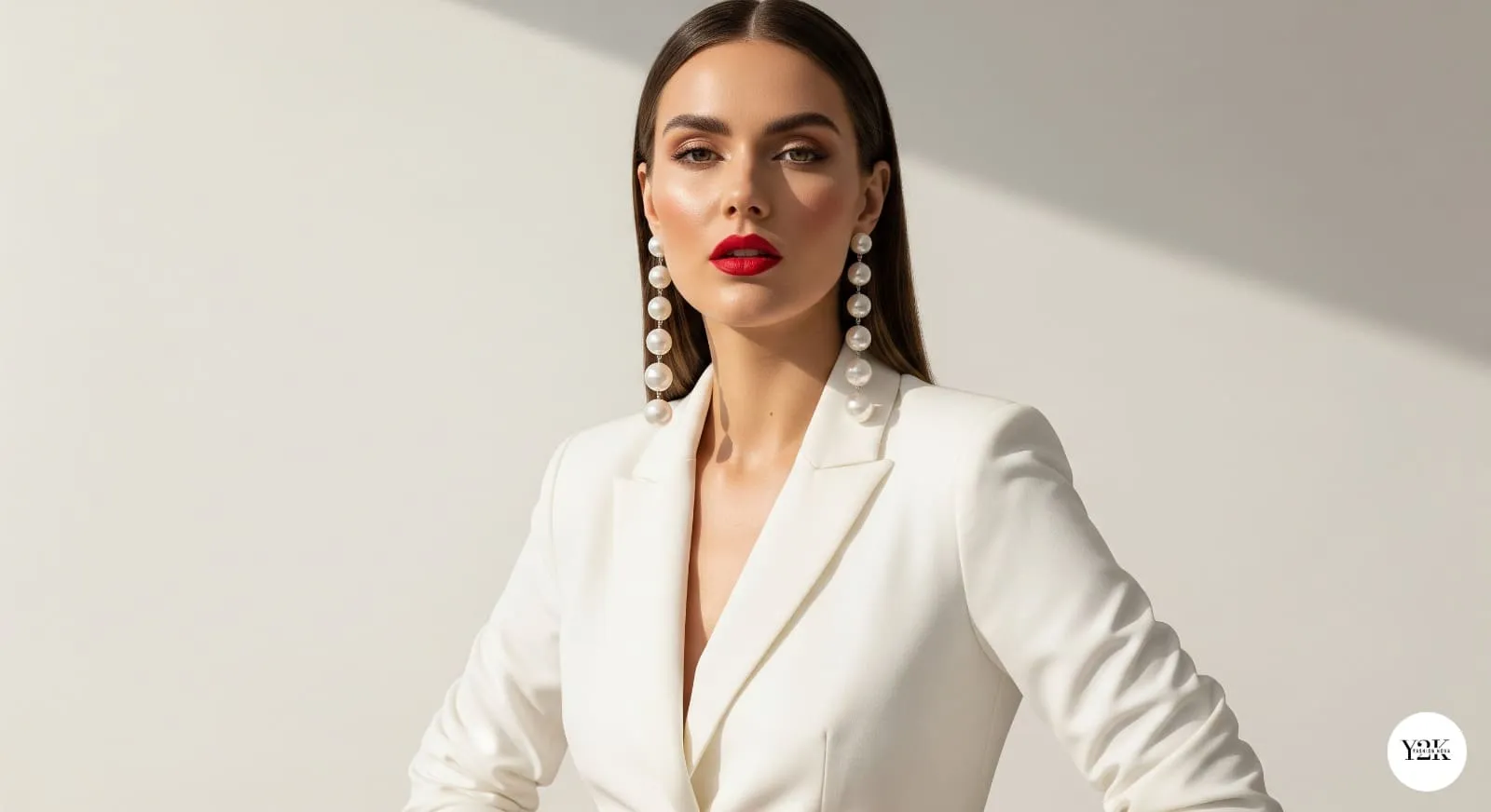 A confident woman in a white blazer, wearing elegant pearl drop earrings that gracefully dangle from her ears. Her bold red lipstick and polished appearance exude sophistication and style.
